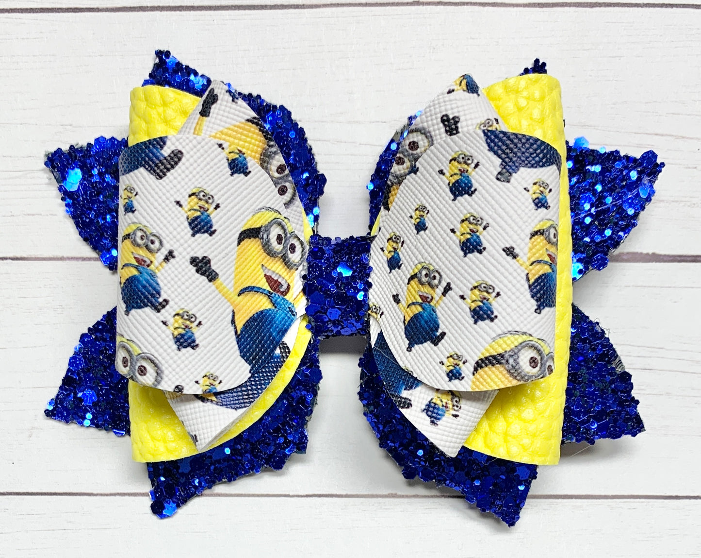 White Minions Despicable Me Yellow Blue Glitter Gaur Bow Clip