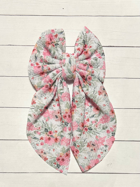 Pink Floral Long-tailed Hair Bow Clip