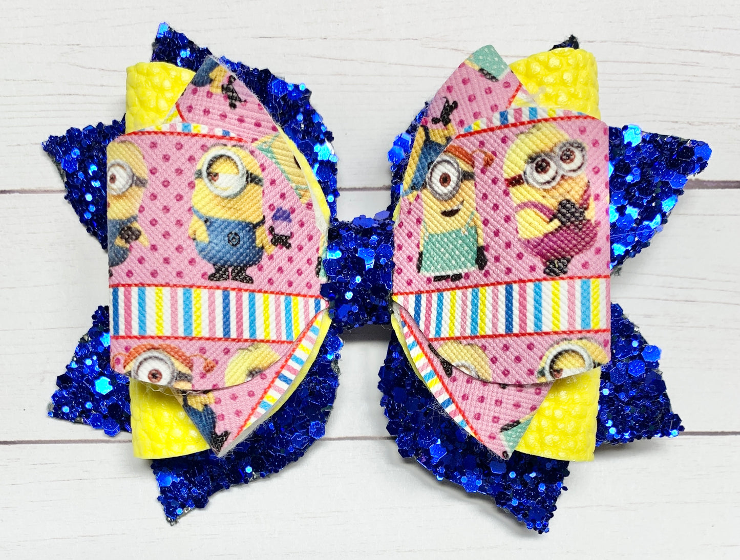 Pink Minions Despicable Me Yellow Blue Glitter Hair Bow Clip