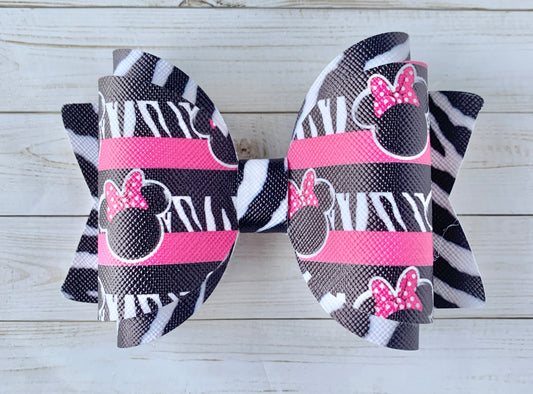 Pink Zebra Print Minnie Mouse Hair Bow Clip