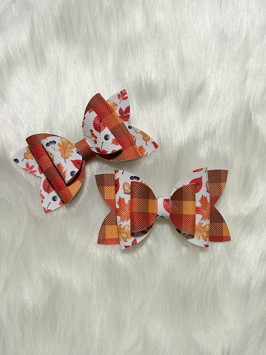 Fall Plaid Leaves Set of Two Hair Bow Clips