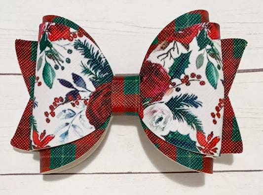 Christmas Floral Poinsettia Plaid Hair Bow Clip