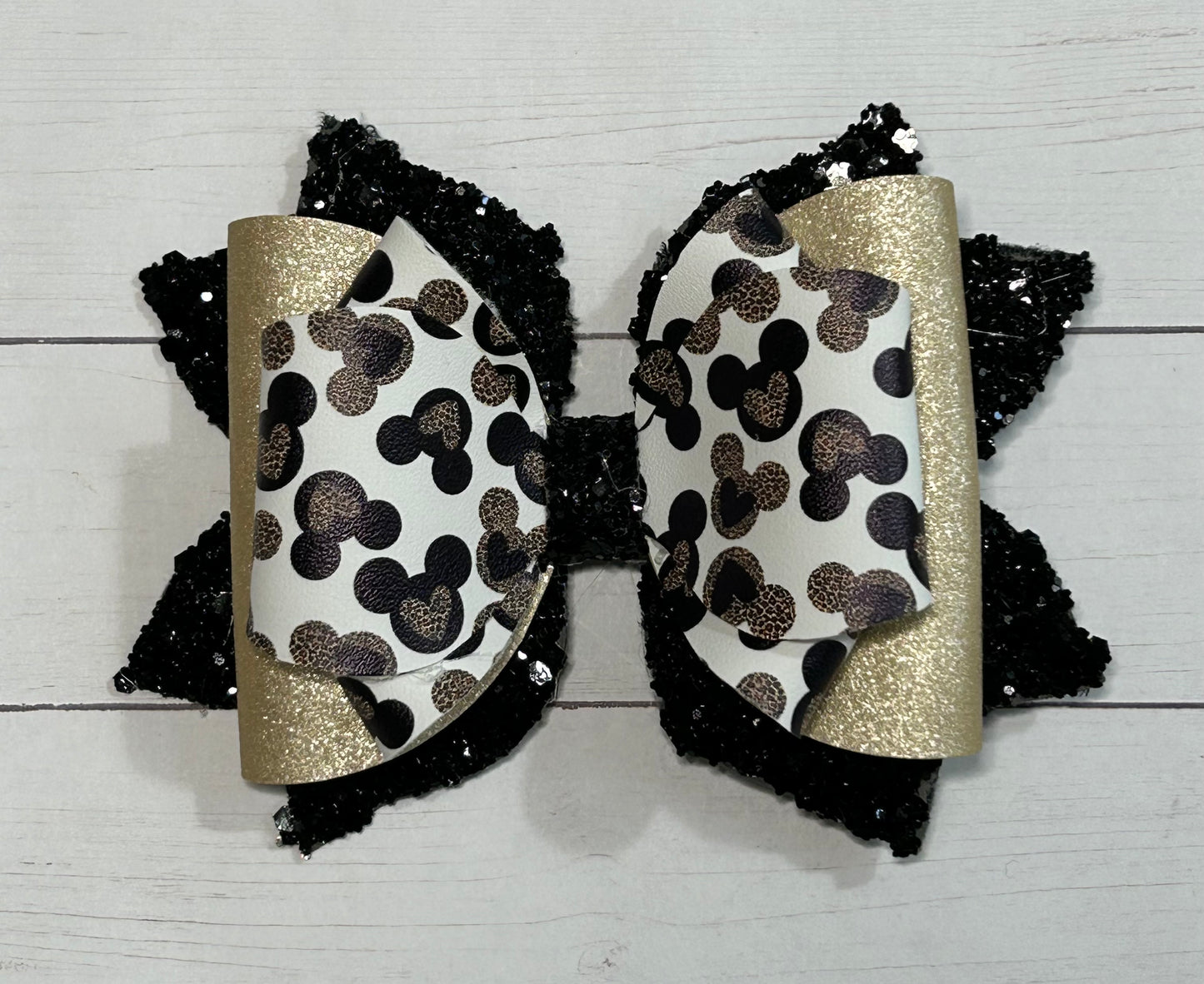 Mickey Mouse Gold Shimmer Black Glitter Hair Bow Clip