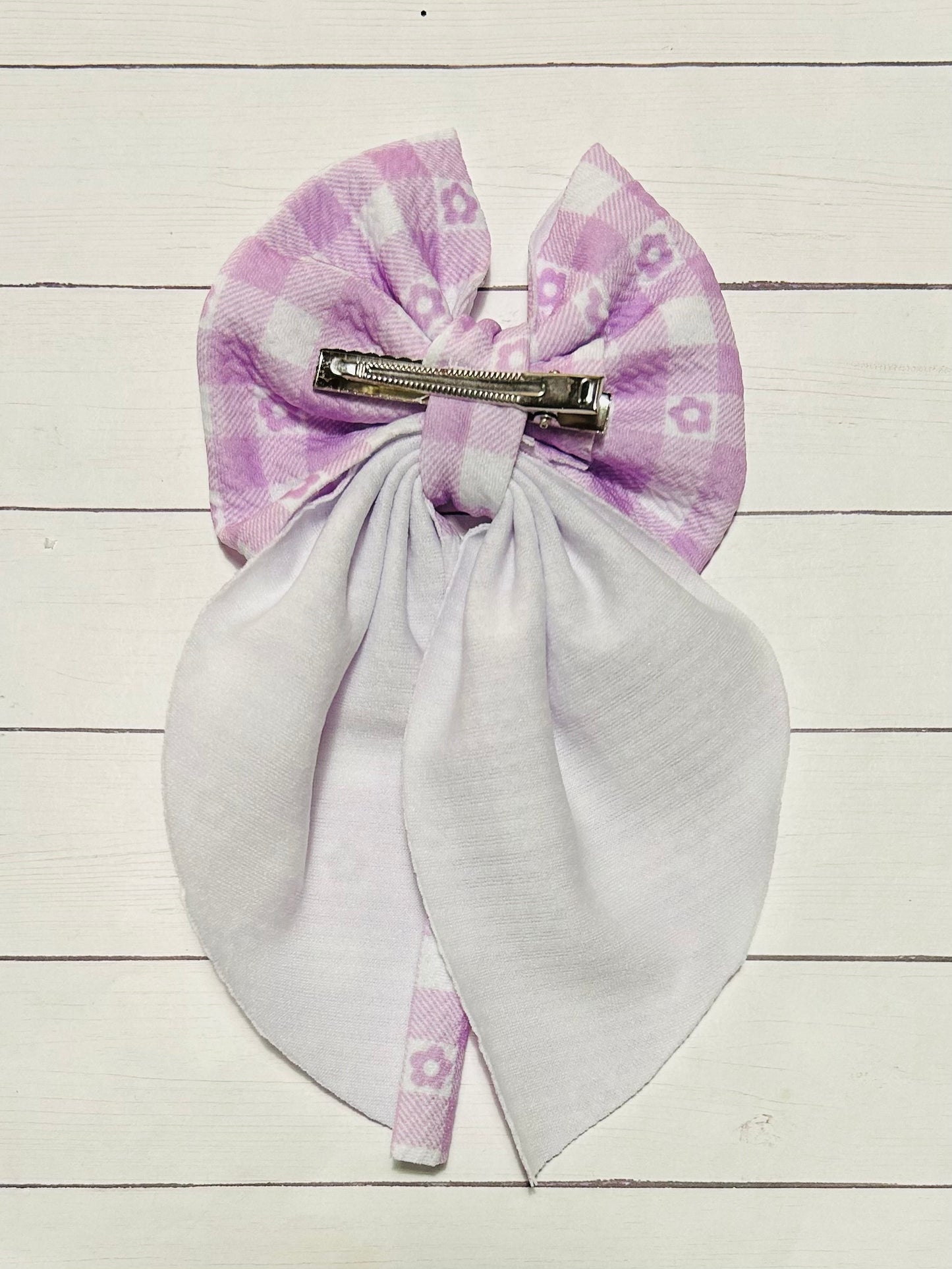 Purple Gingham Long-tailed Hair Bow Clip