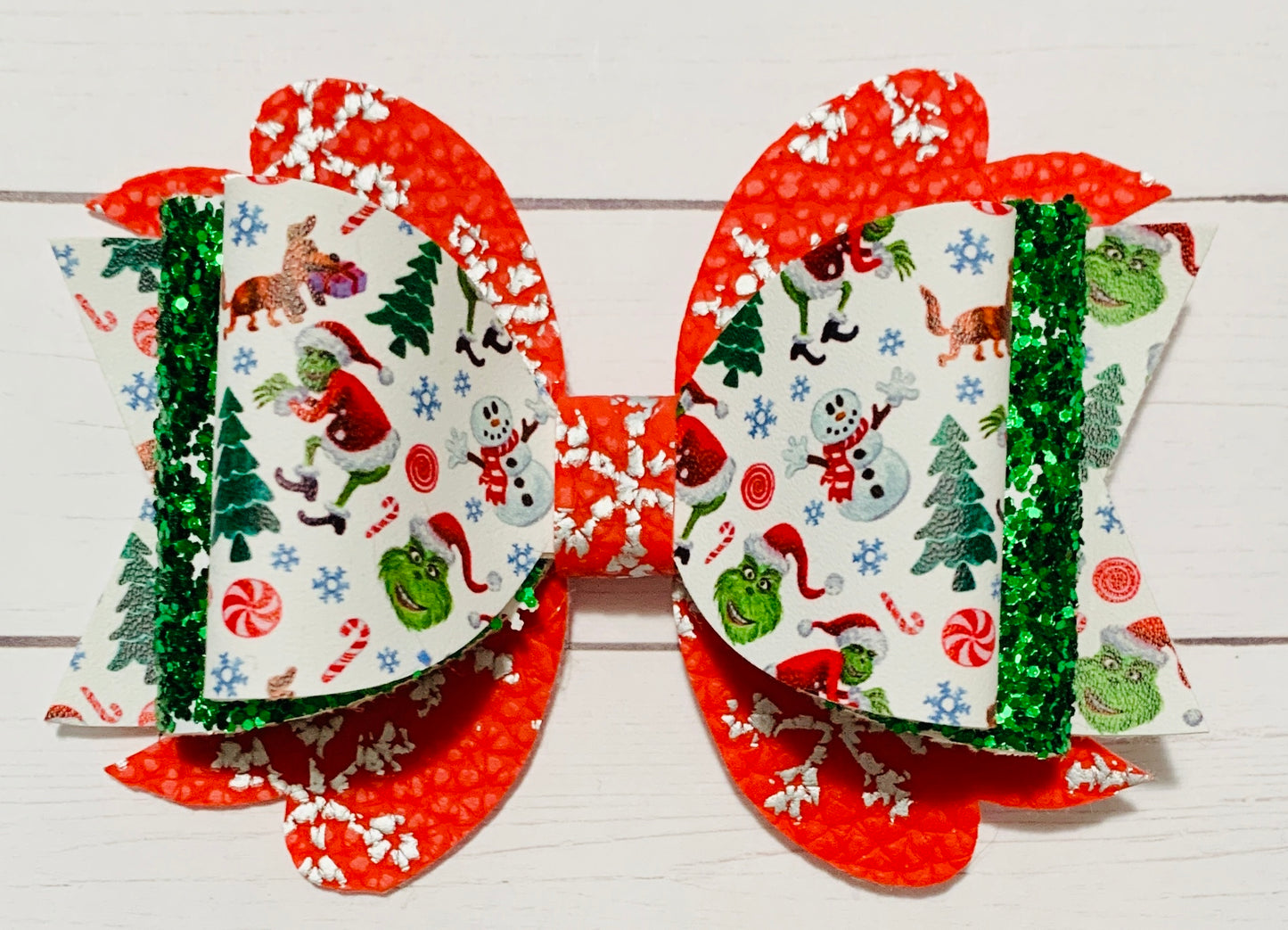 Christmas The Grinch Green Glitter Red Snowflake Hair Bow Clip