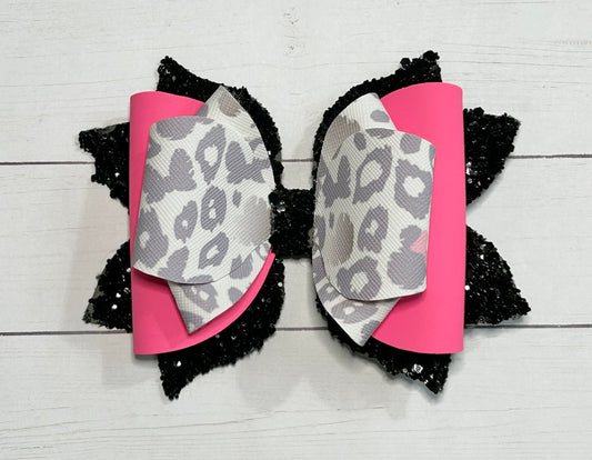 Minnie Mouse Leopard Chetah Animal Print Pink Black Glitter Hair Bow Clip