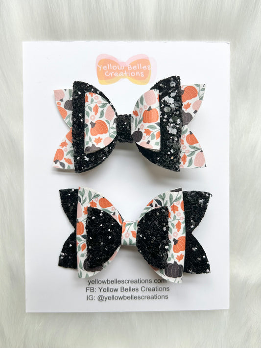 Fall Halloween Pumpkin Set of 2 Hair Bow Clips