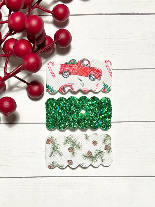 Christmas Red Truck Green Glitter Snap Clip Set