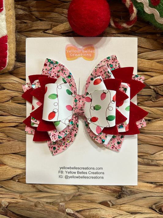 Christmas Lights Pink Glitter Hair Bow Clip