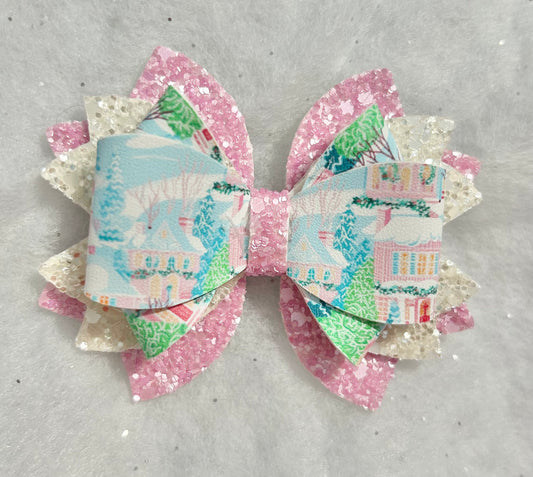 Winter Scene Medium Hair Bow Clip in