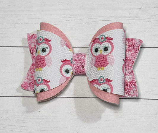 Pink Owl Hair Bow Clip