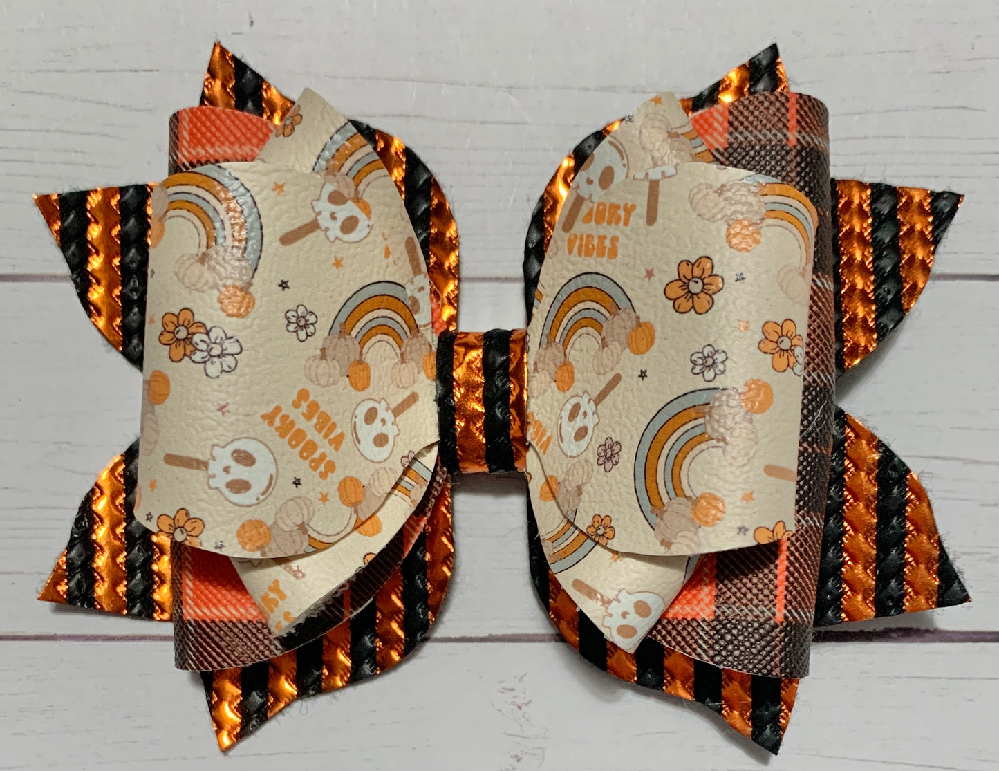 Halloween Boho Rainbow Skull “Spooky Vibes” Orange Plaid