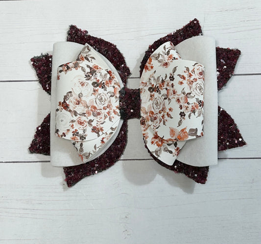 Fall Floral White Burgundy Glitter Hair Bow Clip